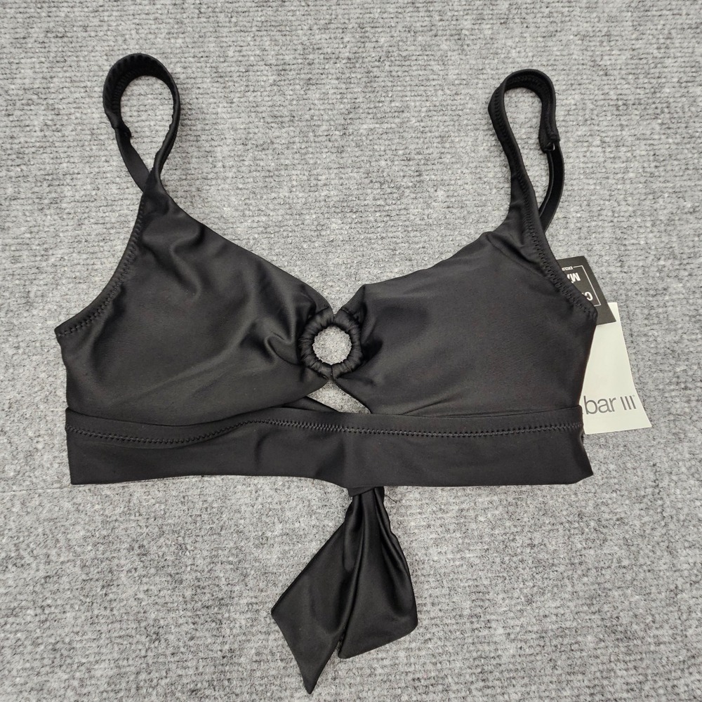 Bar III Women Bikini Top Resort Solids Ring‎ Detail Tie Back Swimwear Black S
